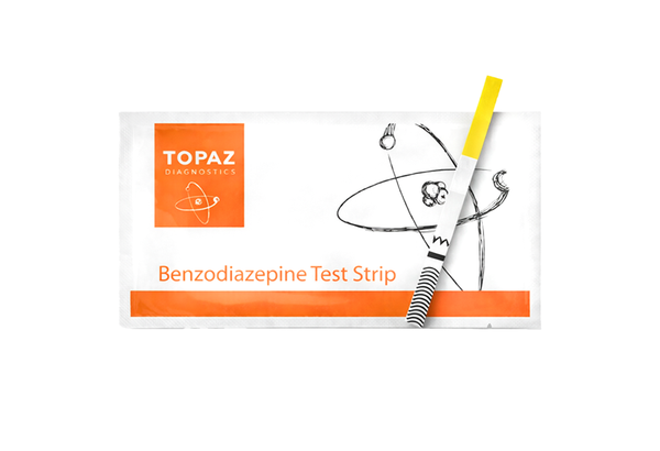 Topaz Diagnostics benzodiazepine Harm Reduction test strip with packaging on a white background