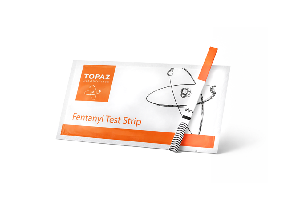 Topaz fentanyl test strip with packaging on a white background