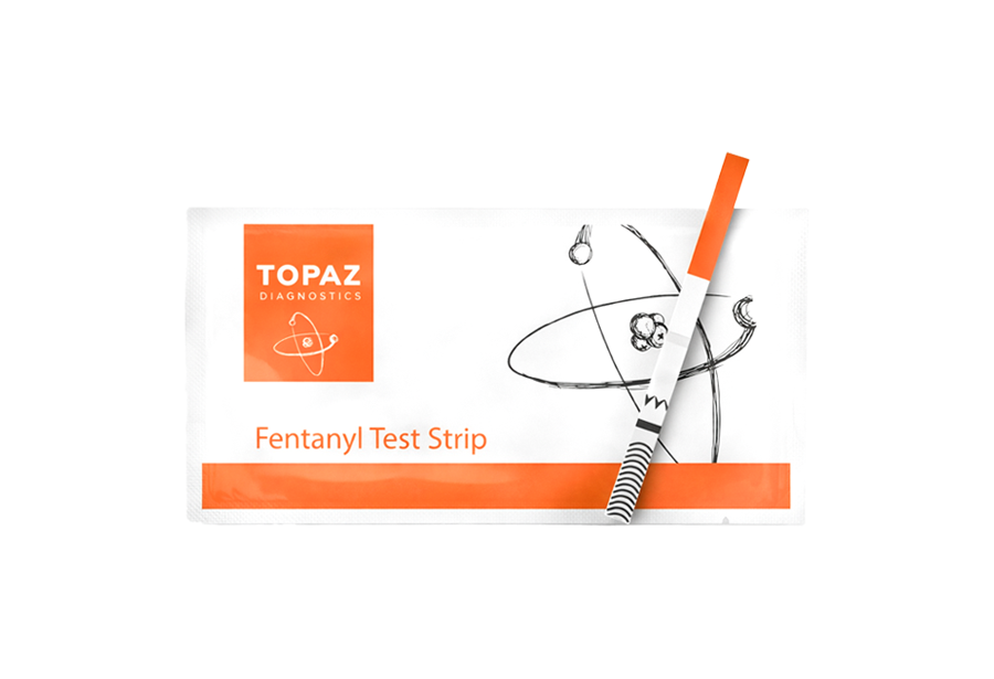 Topaz Diagnostics fentanyl harm reduction test strip on a white background
