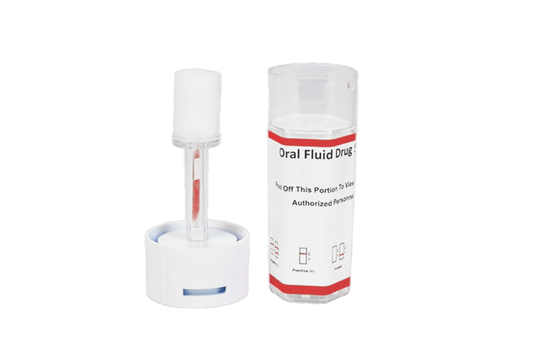 Oral fluid drug testing device with container on a white background