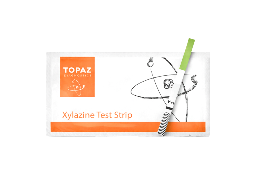 Topaz Diagnostics Xylazine Harm Reduction Test Strip with packaging on a white background